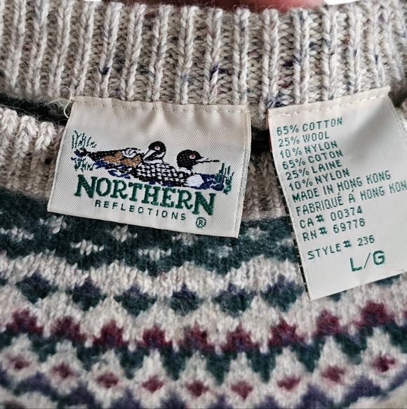 Vintage Northern Reflections Cream Green Burgundy Wool Cotton Fair Isle Sweater - Picture 4 of 8